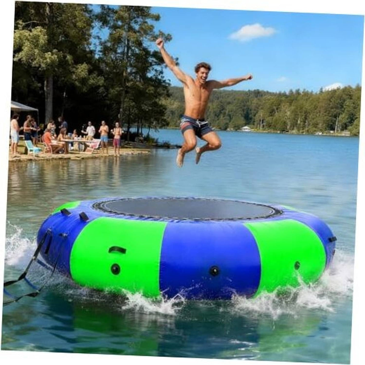 10-ft blue and green inflatable water trampoline with round bounce surface
