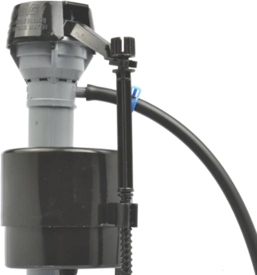 Fluidmaster universal filling valve close-up with gray top and blue hose connection
