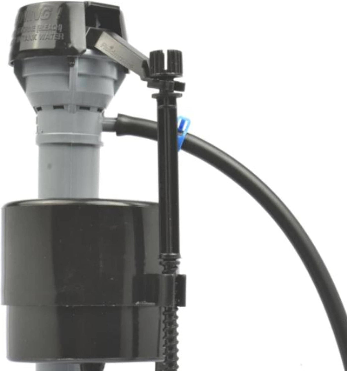Fluidmaster universal filling valve close-up with gray top and blue hose connection