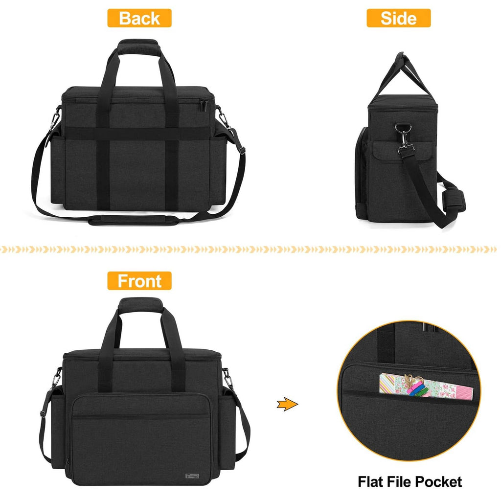 Black scrapbook bag with front flat file pocket, side pocket, and adjustable shoulder strap