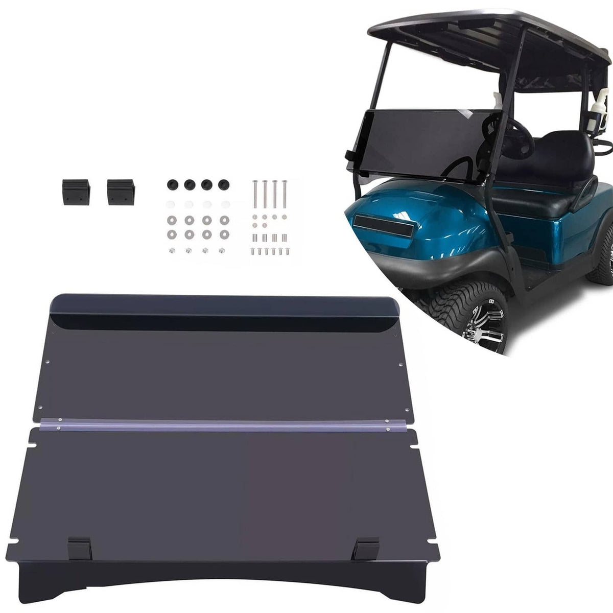 Tinted fold-down flip windscreen for ICON utility cart, dark windshield panel set