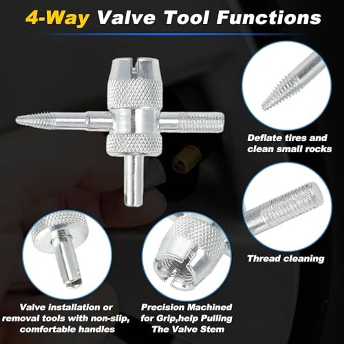 4-way tire valve tool with knurled metal handle for deflating and thread cleaning
