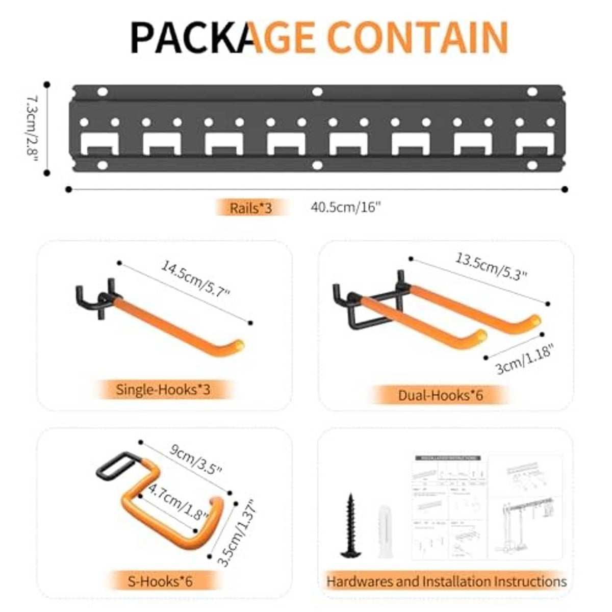 Black pegboard tool organizer rails with orange single and dual hooks and installation hardware