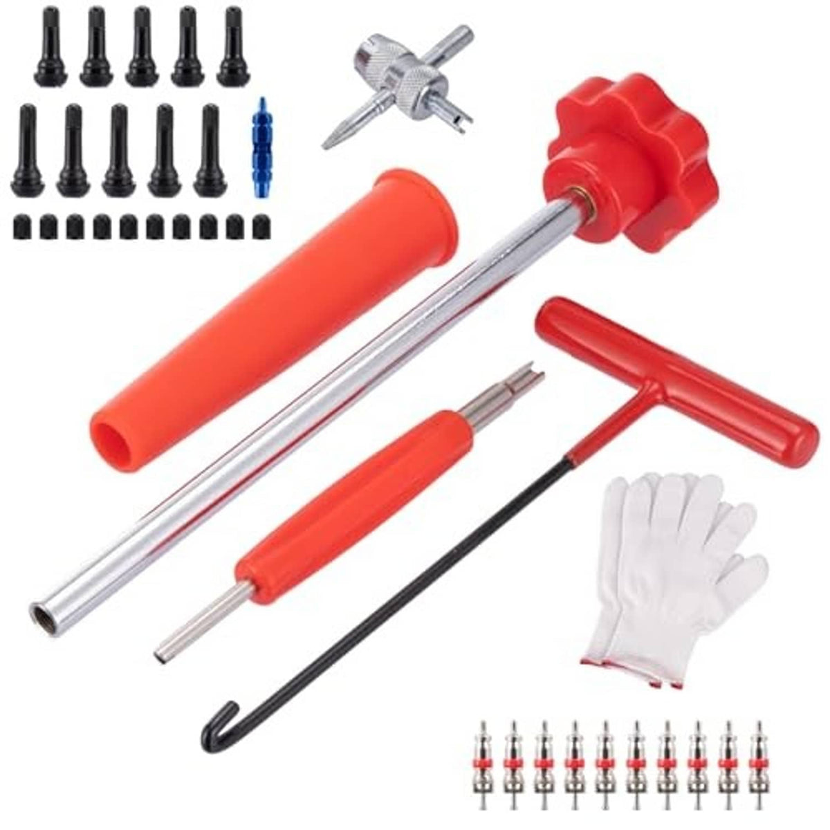 Tire valve tool kit with red handles, silver rods, gloves, and valve stems