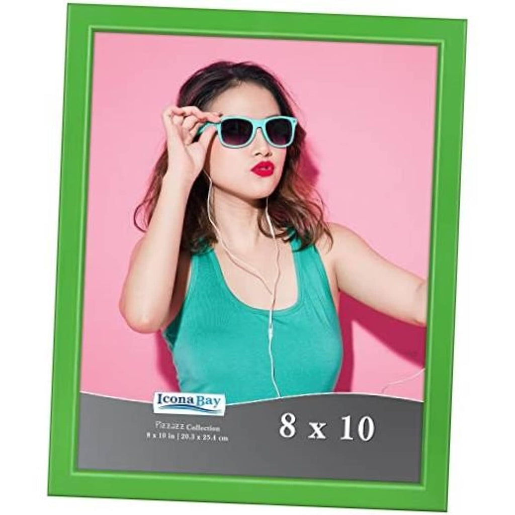 Green solid wood 8x10 picture frame, front view with photo of a woman wearing sunglasses.
