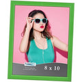 Green solid wood 8x10 picture frame, front view with photo of a woman wearing sunglasses.