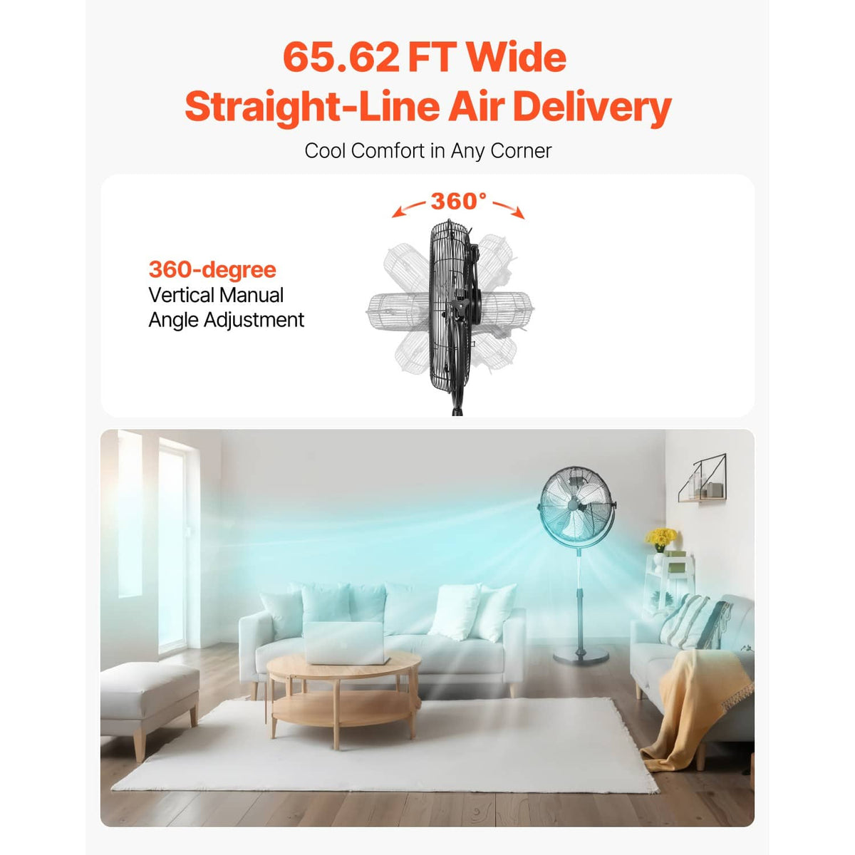 Pedestal floor fan with 360-degree adjustable head for wide air delivery