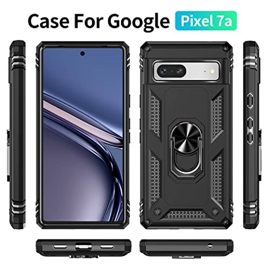 Rugged black phone case with ring kickstand, camera cutout, and side button covers