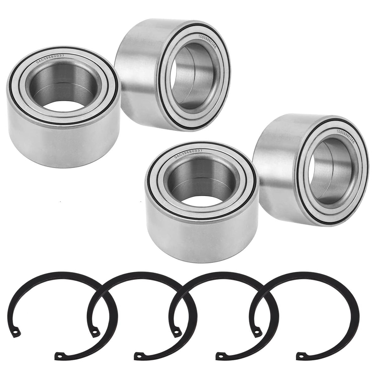 Wheel bearing set with four cylindrical bearings and four black retaining clips