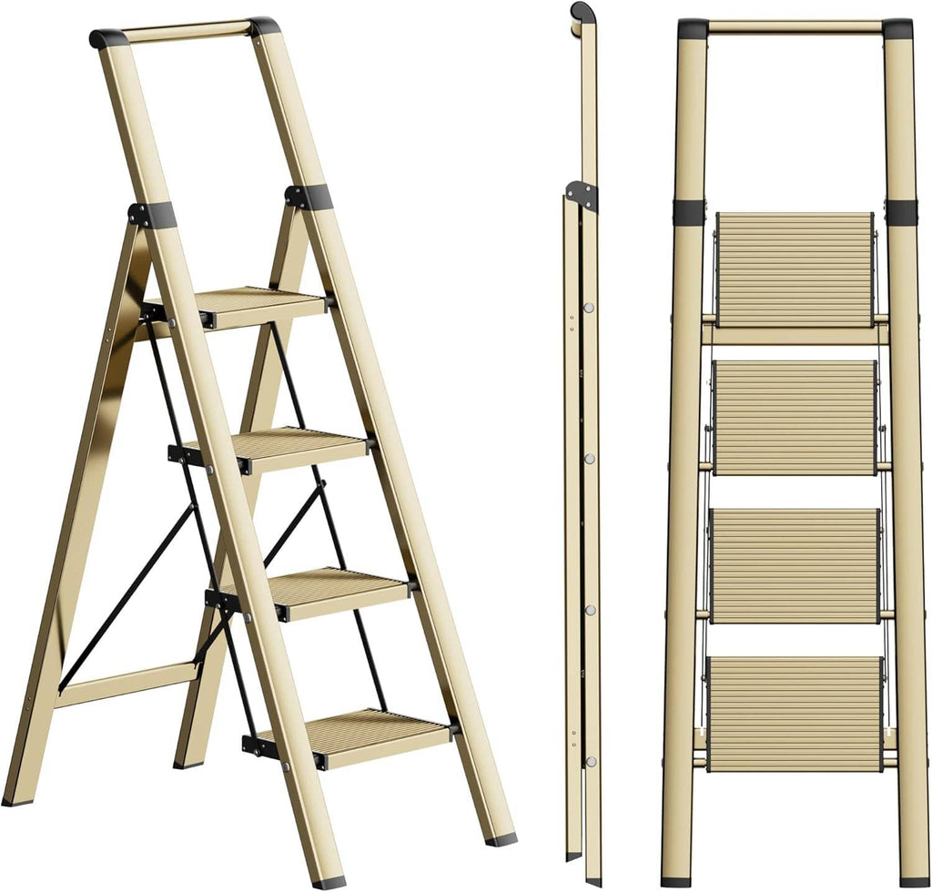 Folding 4-step step ladder with wide anti-slip steps and carry handle
