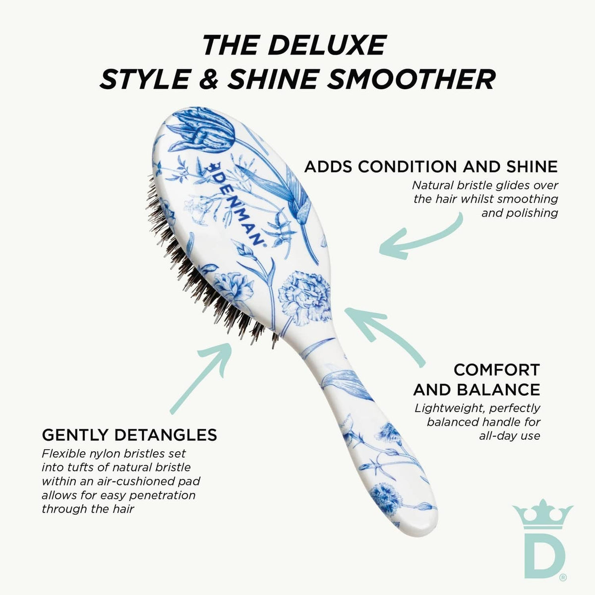Blue-and-white floral paddle hair brush with cushioned base and dark bristles