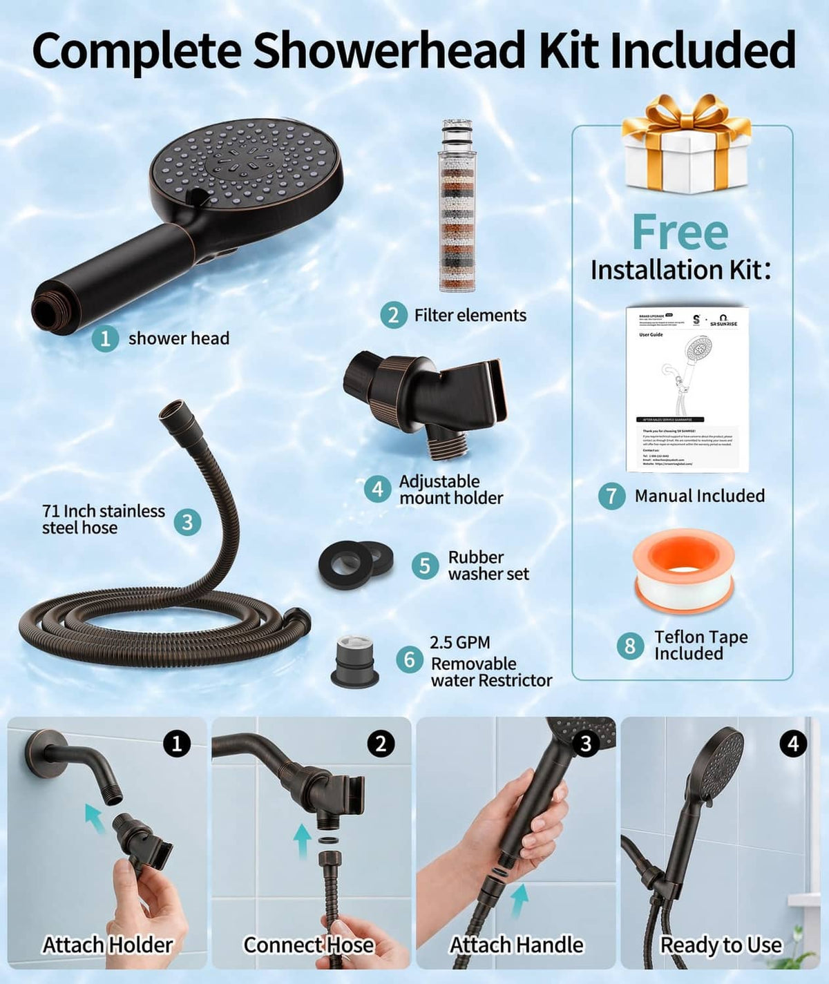 Filtered showerhead kit with shower head, filter elements, hose, and installation parts