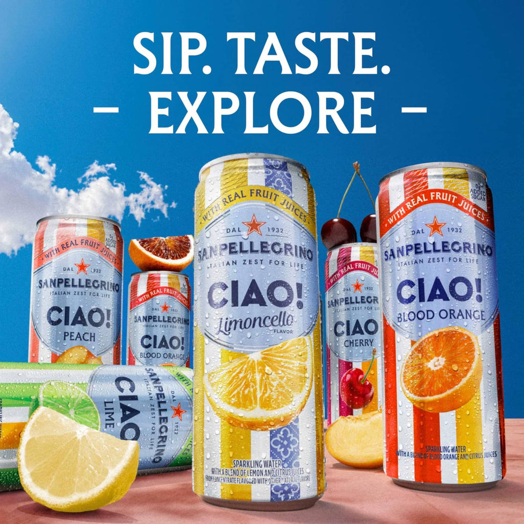 Assorted Sanpellegrino Ciao flavored sparkling water cans with lemon and orange fruit images