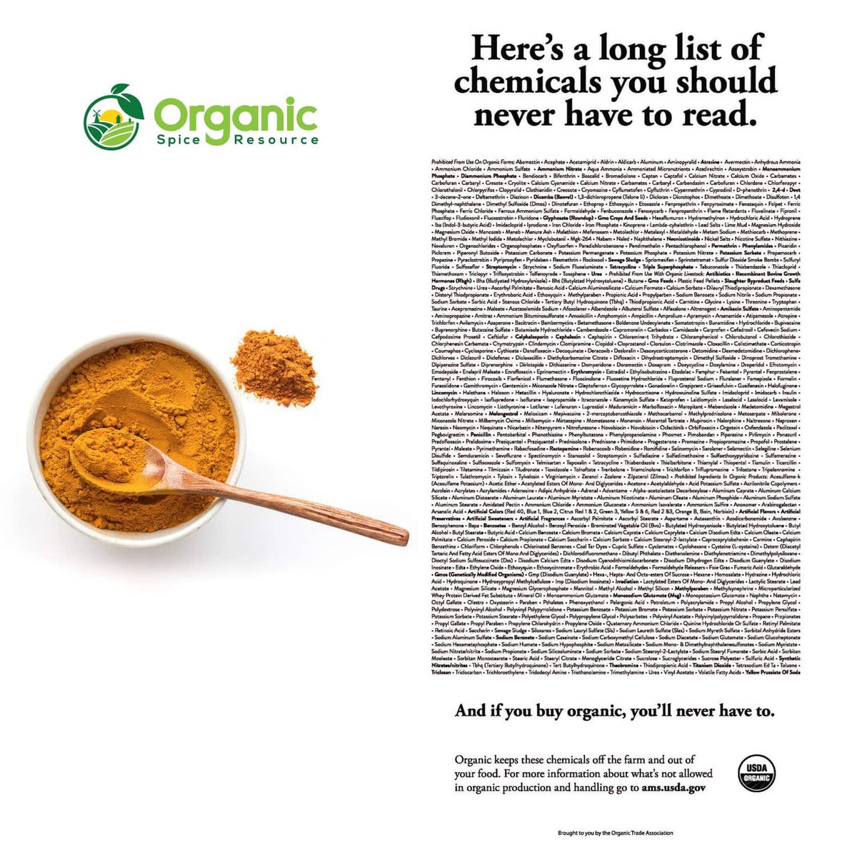 Turmeric powder in small bowl with spoon, beside long ingredient list panel