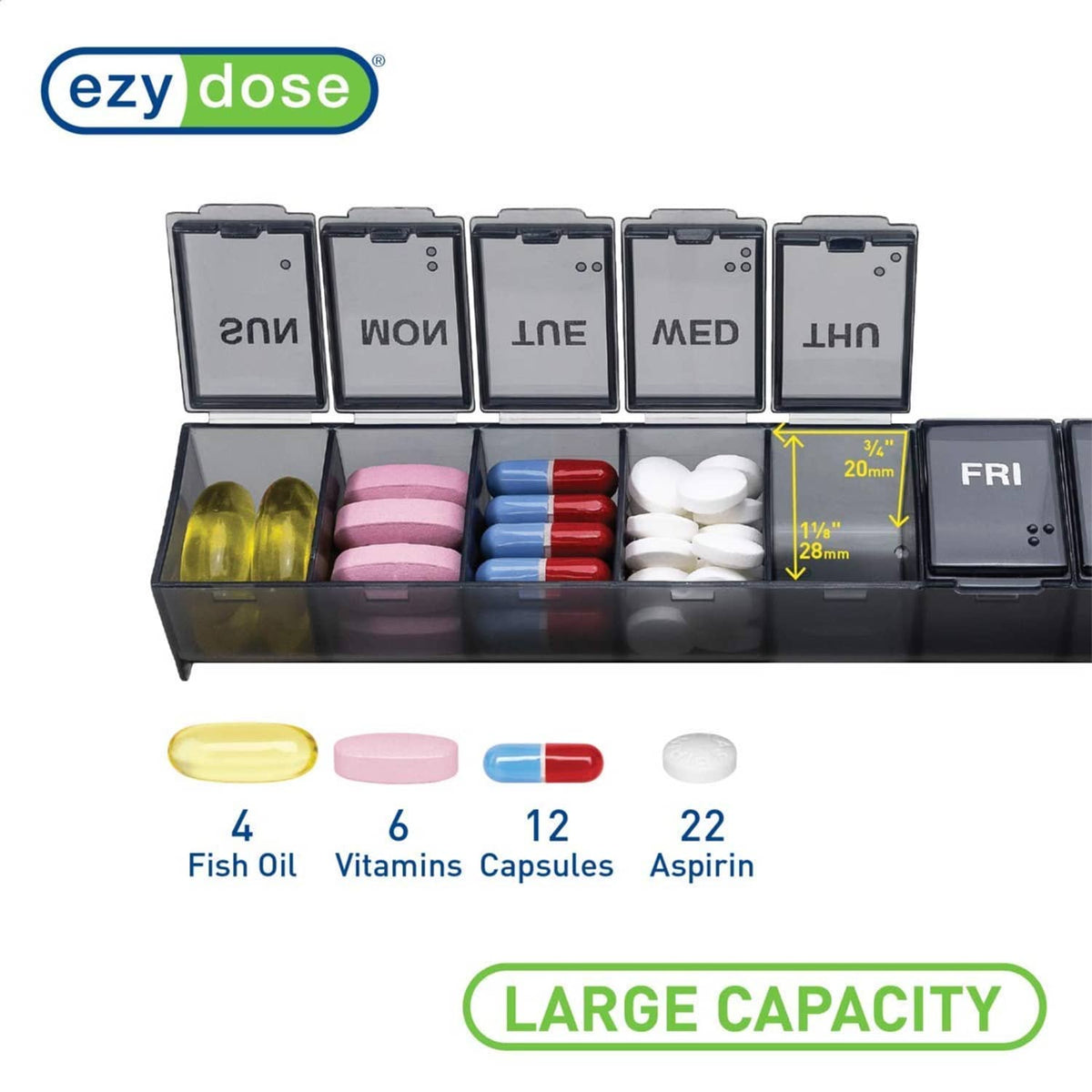 Open 7-day pill organizer with seven day compartments filled with assorted vitamins and capsules