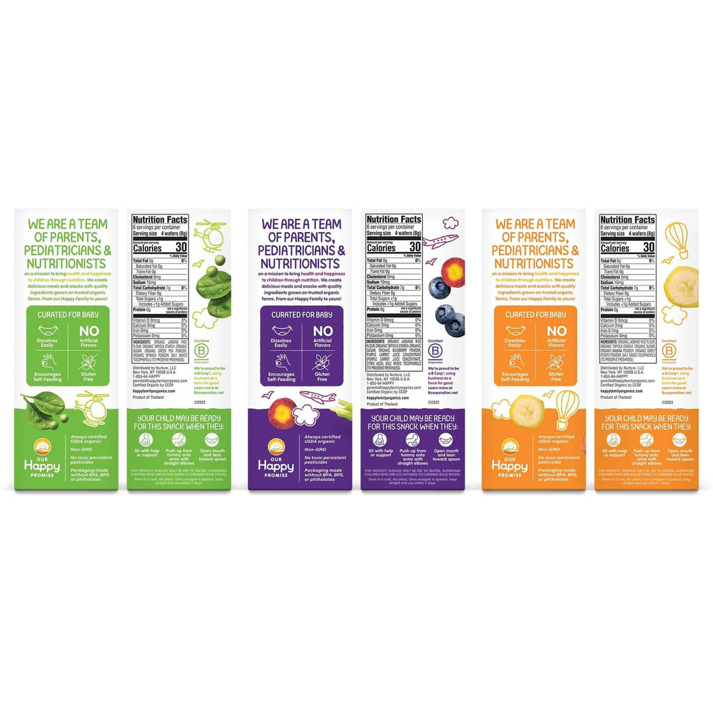 Row of organic teether side panels showing ingredients and nutrition facts labels