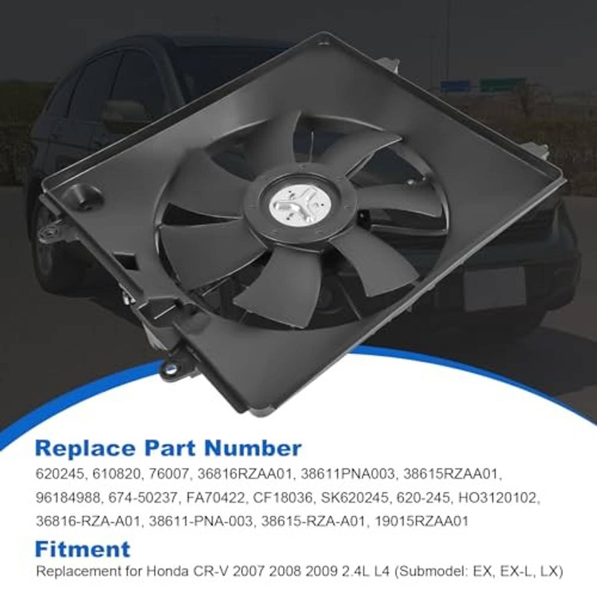Engine radiator cooling fan assembly installed in engine bay, black shroud and fan