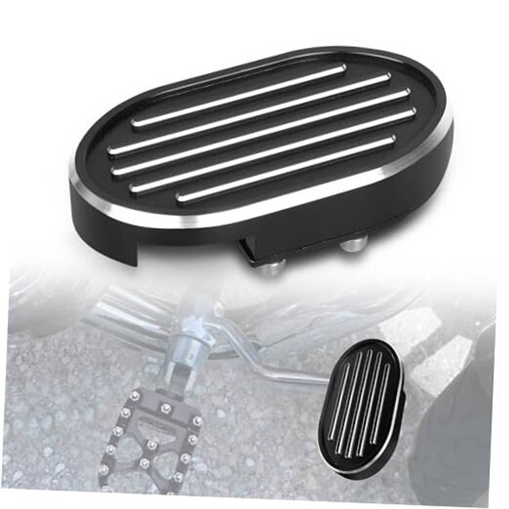 Black CNC billet motorcycle brake pedal pad cover with grooved oval insert