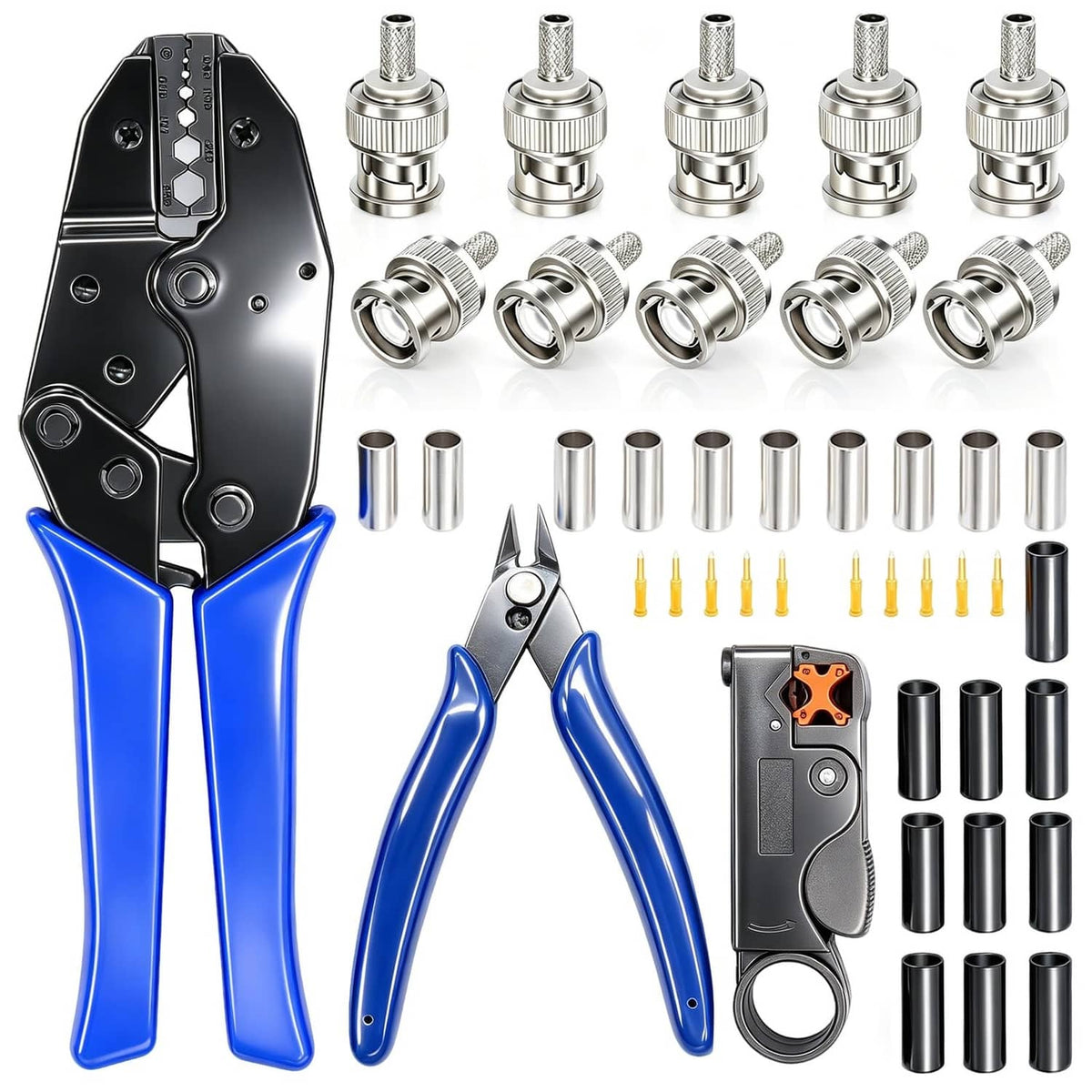Coaxial BNC crimp tool kit with blue/black handles, wire stripper, male connectors and sleeves