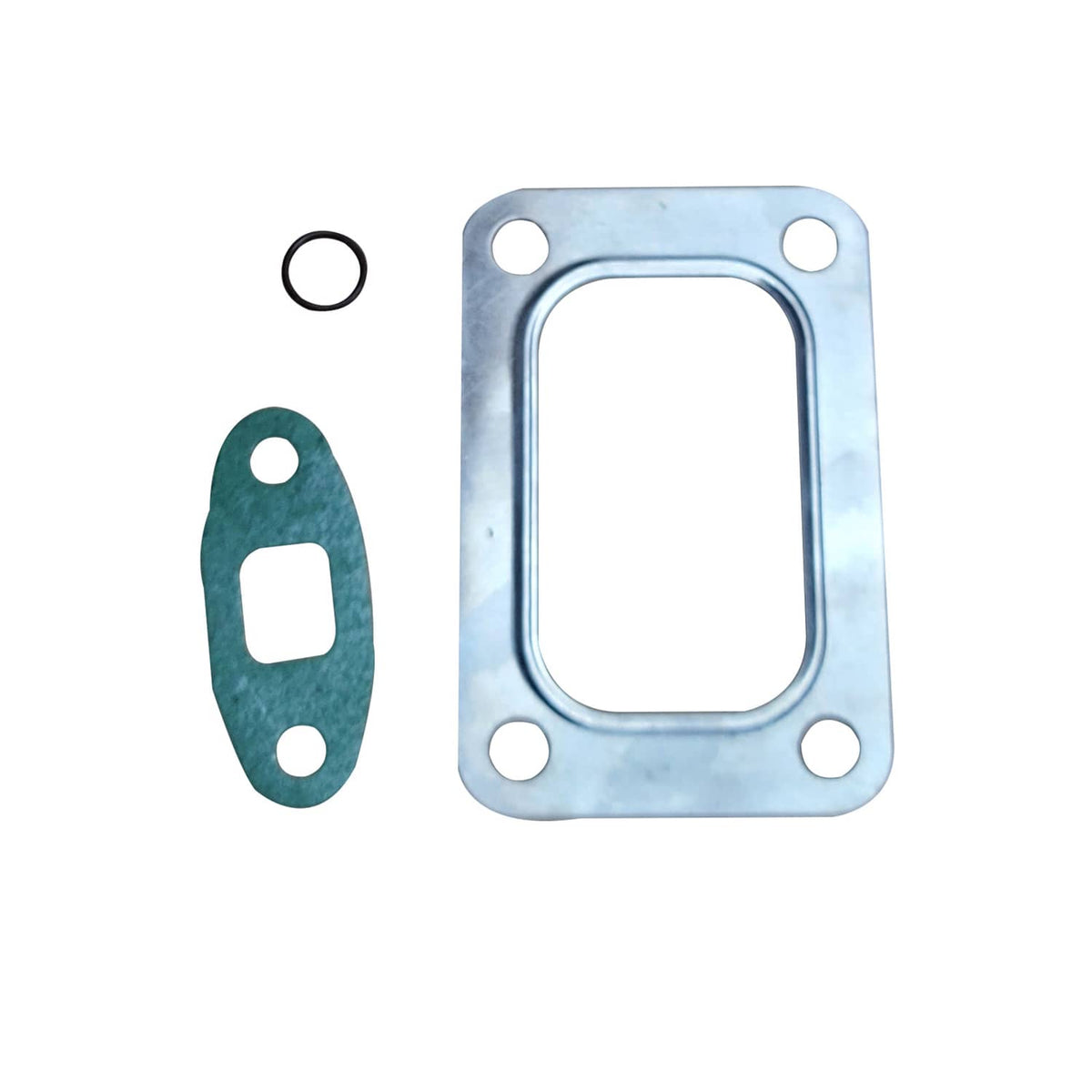 Turbocharger gasket set with metal plate, green gasket, and black O-ring seal