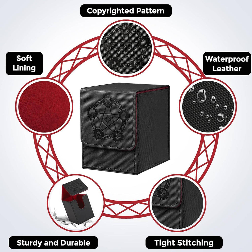 Black PU leather deck box with embossed emblem and tight stitching; soft lining