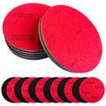 Red circular sanding pads, stacked, 4.7-inch diameter, 0.19-inch thick