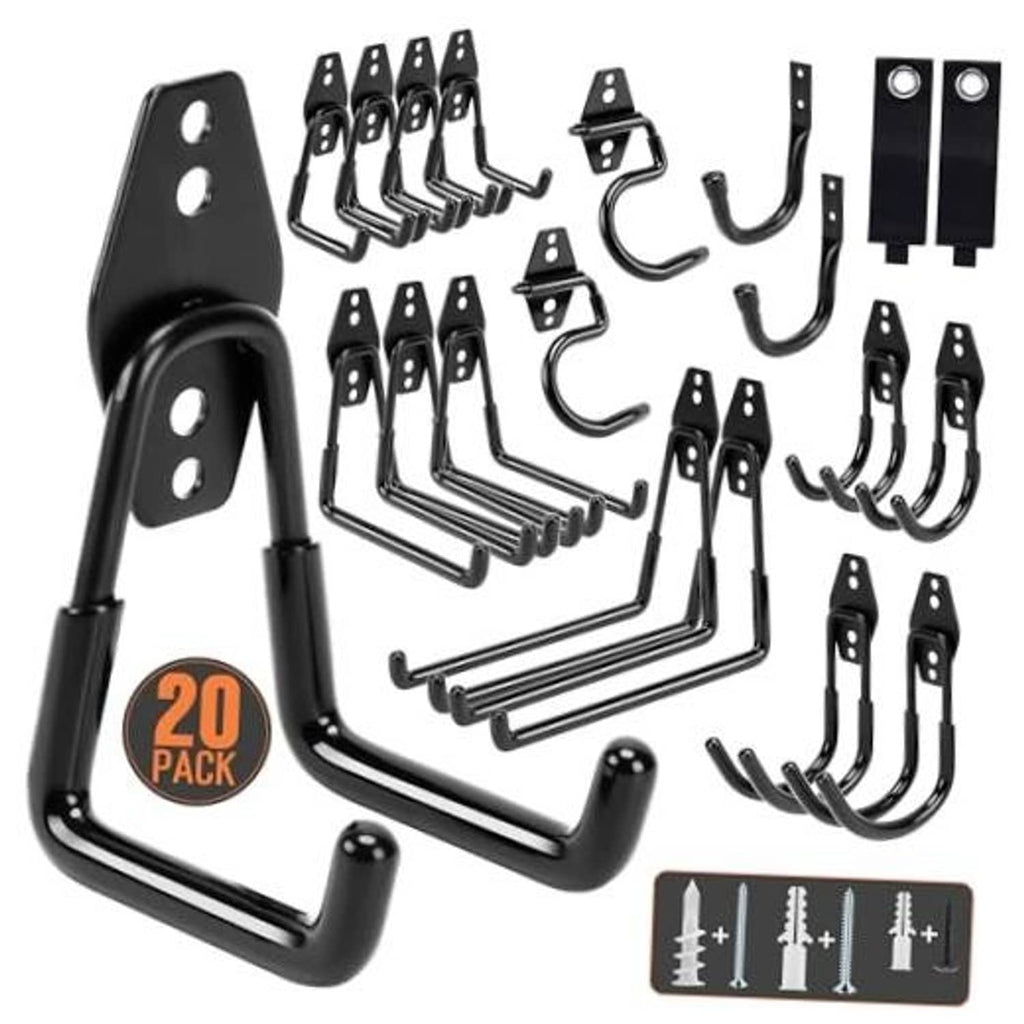 Black heavy-duty garage wall storage hook set with multiple U-style hooks and plates