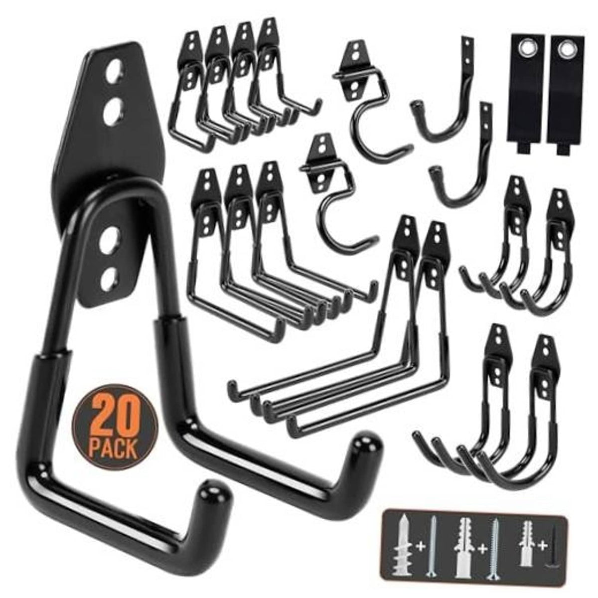 Black heavy-duty garage wall storage hook set with multiple U-style hooks and plates