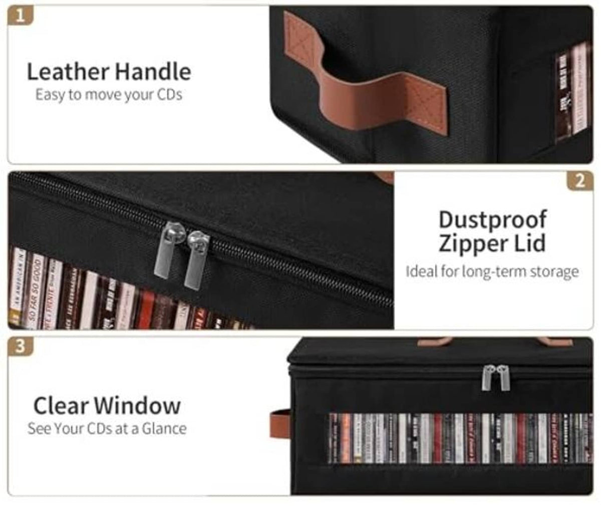 Black CD storage box details: brown leather handle, dustproof zipper lid, clear window.