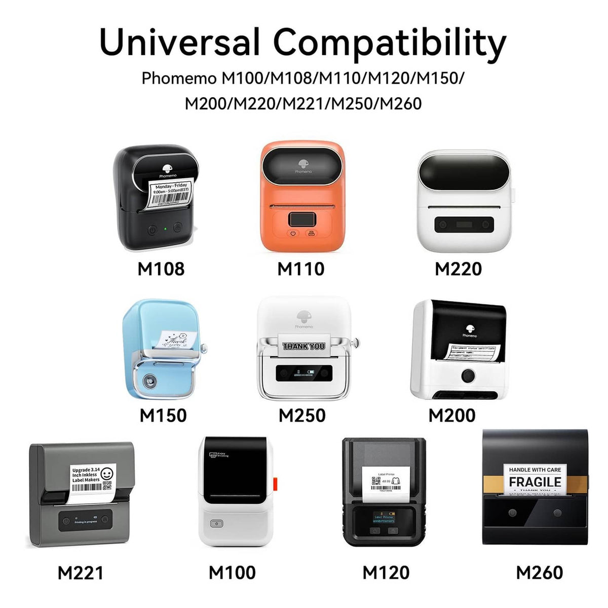 Universal compatibility chart for Phomemo M110 label printer models