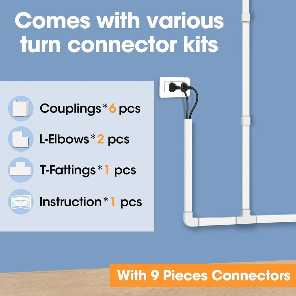 White cord hider connector set with couplings, L-elbows, and T-fittings