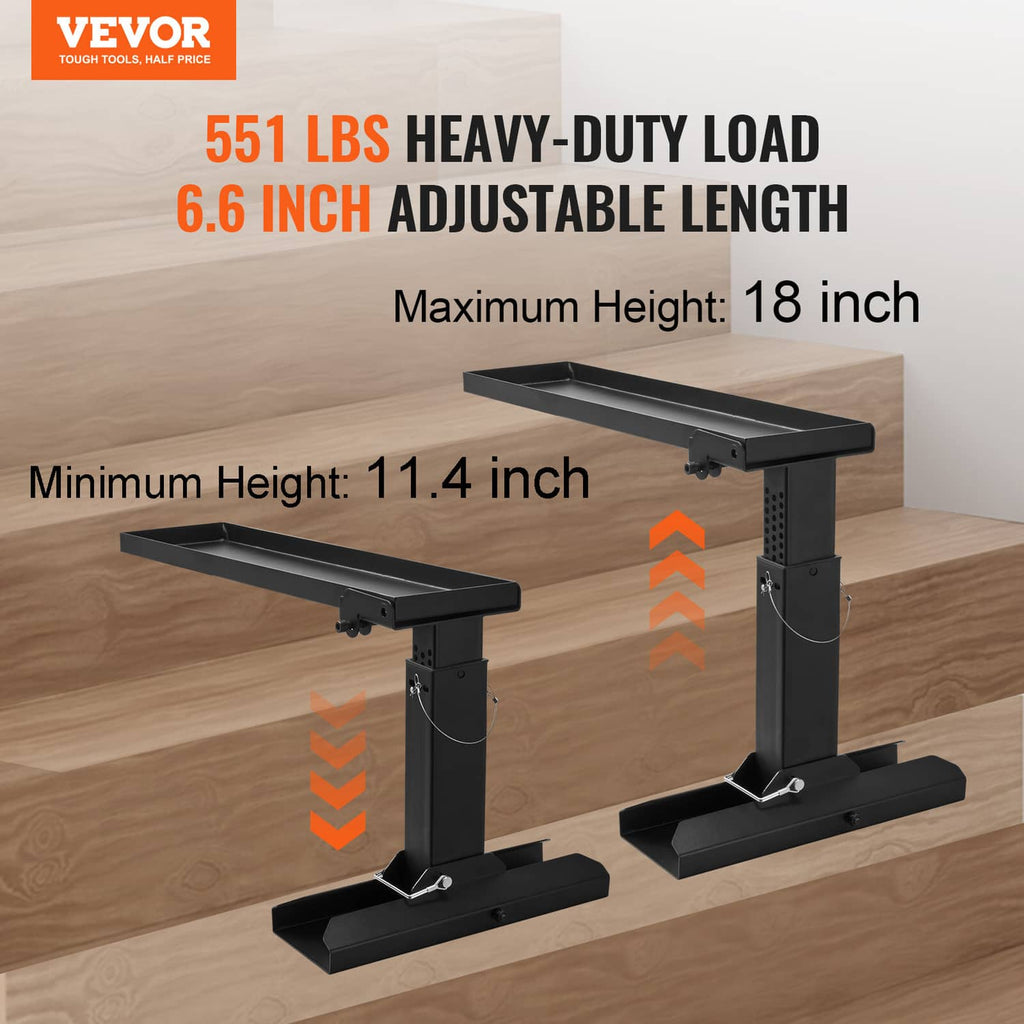 Black folding ladder stabilizer on stairs with adjustable-height support tray