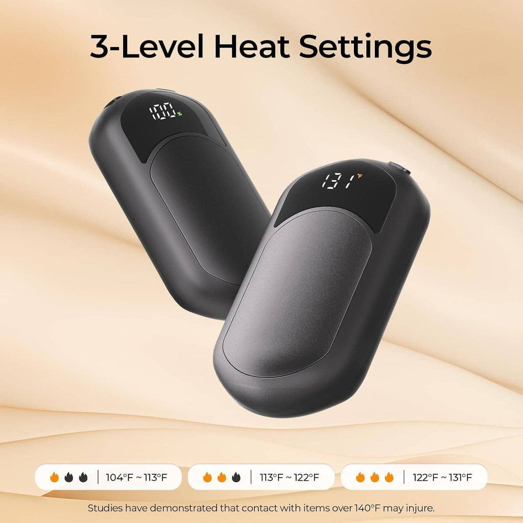 Black rechargeable hand warmers with digital screens showing 3 heat settings