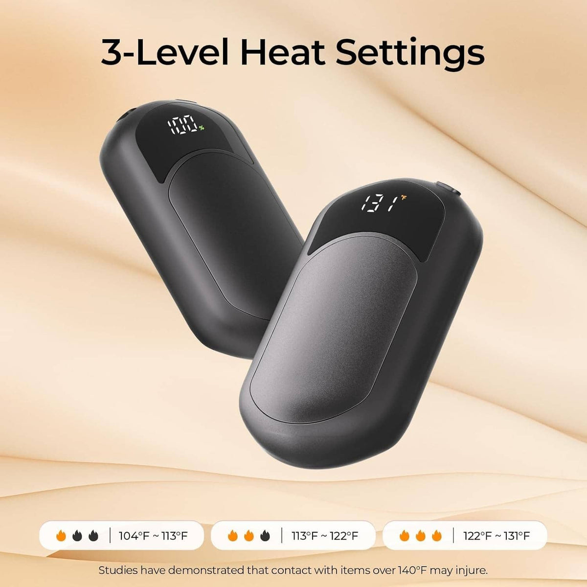 Black rechargeable hand warmers with digital screens showing 3 heat settings