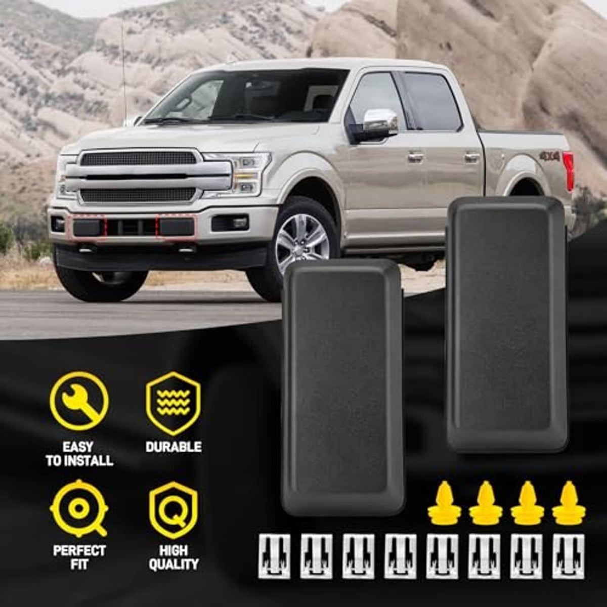 Front bumper guard pads, two dark gray covers with yellow mounting pieces near truck front
