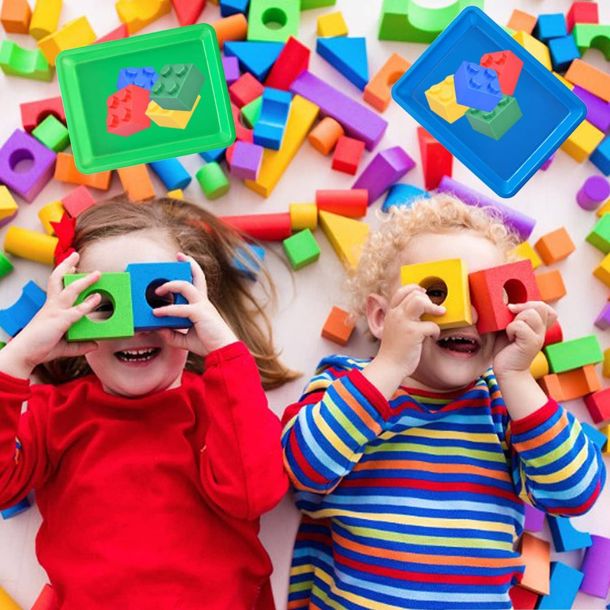 Multicolor plastic art trays with toy blocks, kids using trays in crafting play