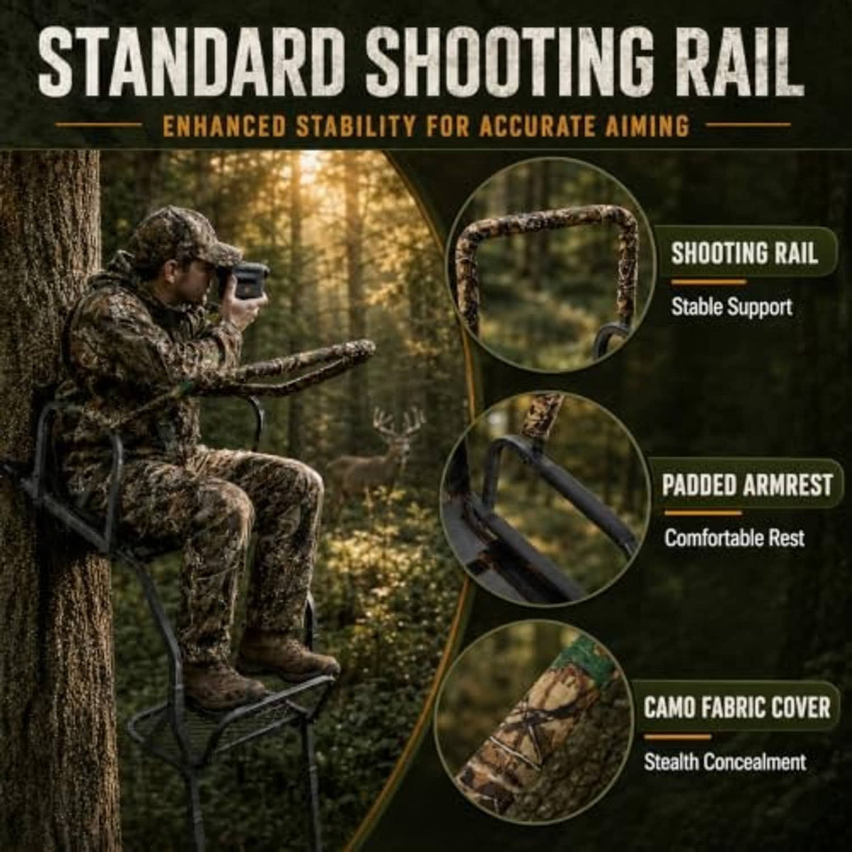 Tree stand with standard shooting rail, padded armrest, and camo fabric seat cover