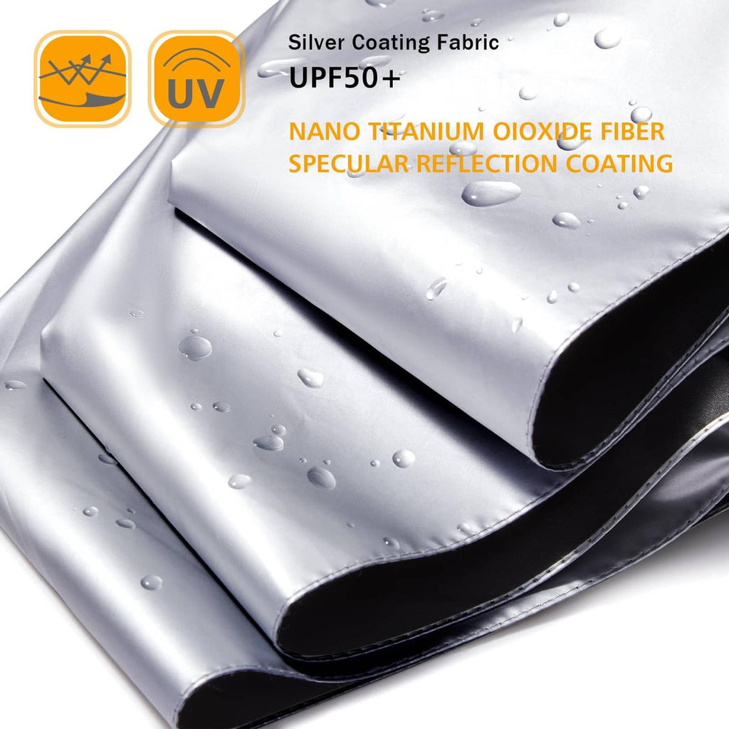 Silver UPF fabric canopy with water droplets and coated surface detail
