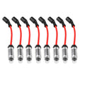 Set of red spark plug wires with black boots and chrome terminals, 8-piece.