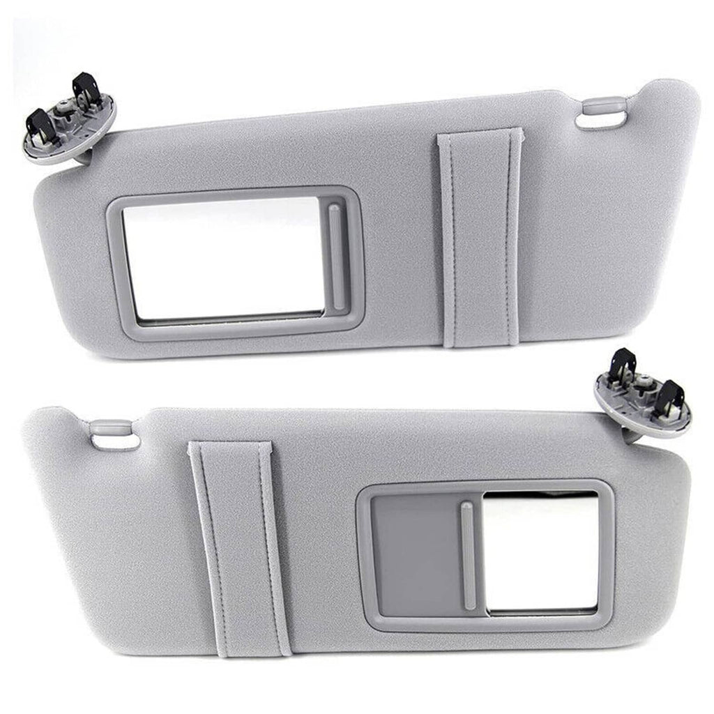 Gray pair of sun visors with rectangular mirror windows and mounting brackets