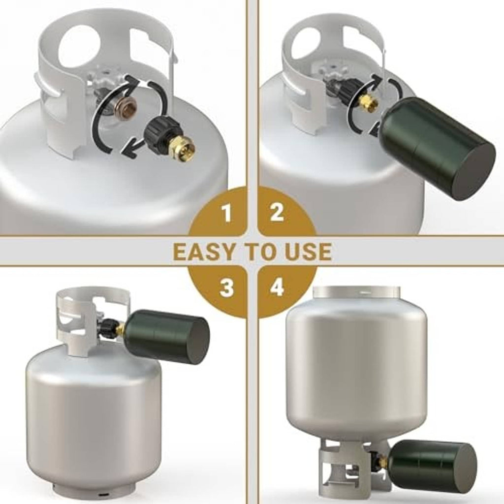 Propane refill adapter connection steps on a silver propane cylinder