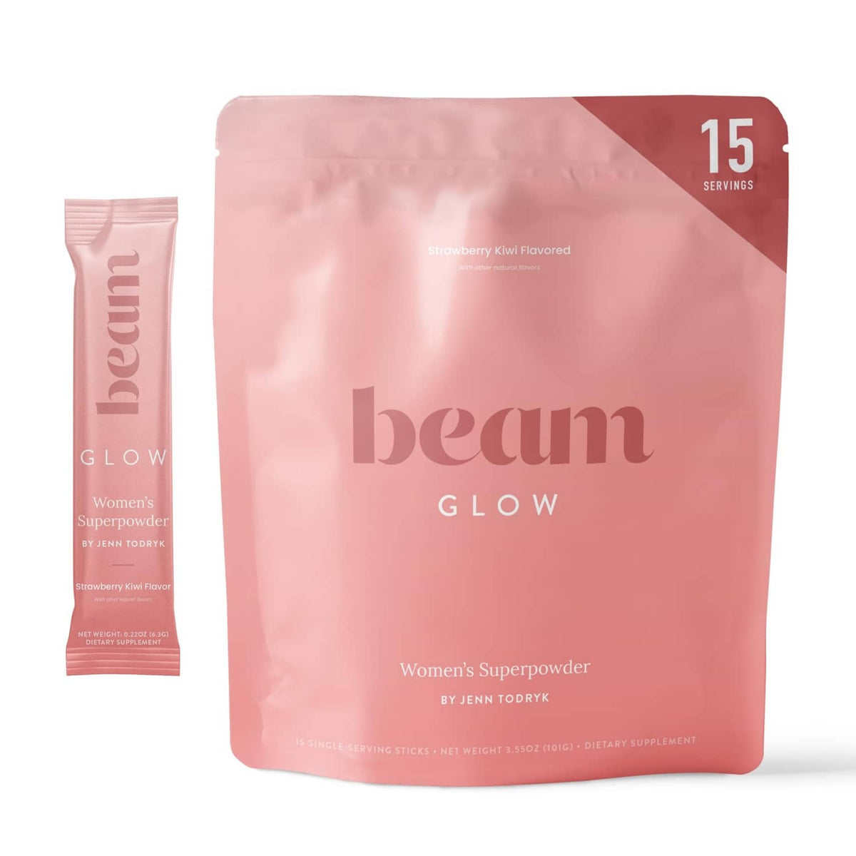 Beam Glow women’s supplement pouch, pink, labeled 15 servings