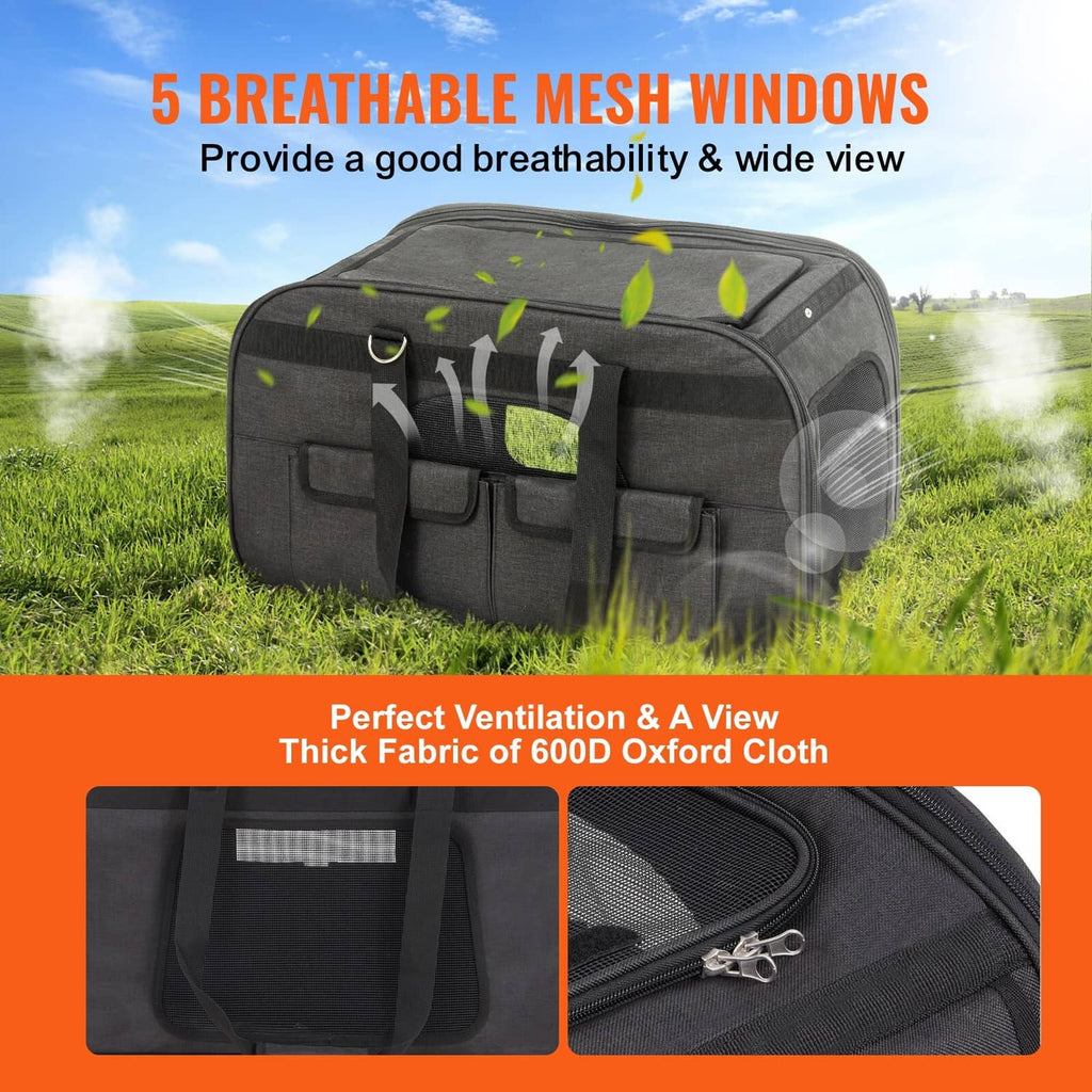 Black pet carrier with multiple breathable mesh windows and padded side panels
