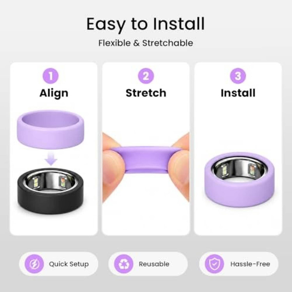 Purple silicone ring cover with easy install steps: align, stretch, and install