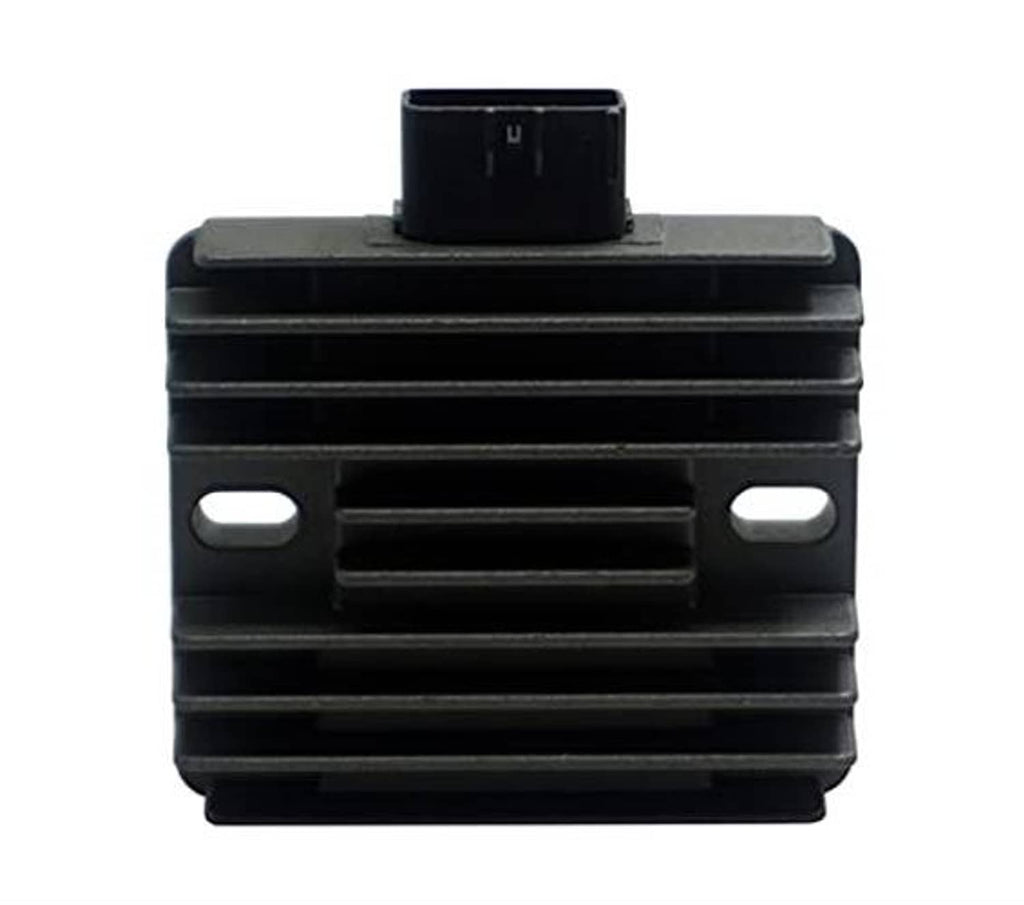 Voltage regulator rectifier, black ribbed housing with mounting holes and top plug