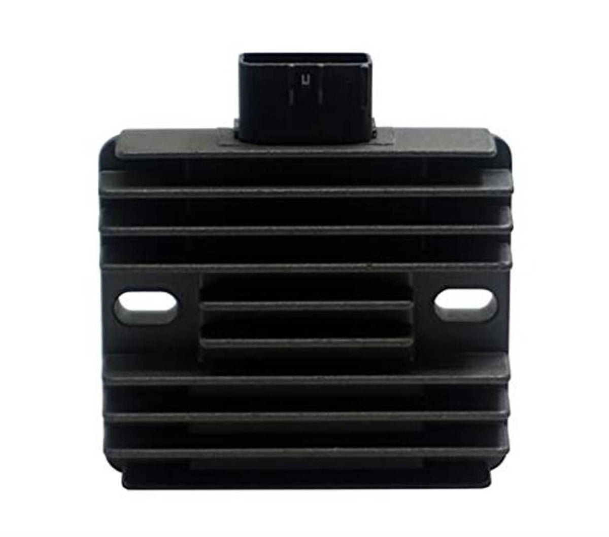 Voltage regulator rectifier, black ribbed housing with mounting holes and top plug