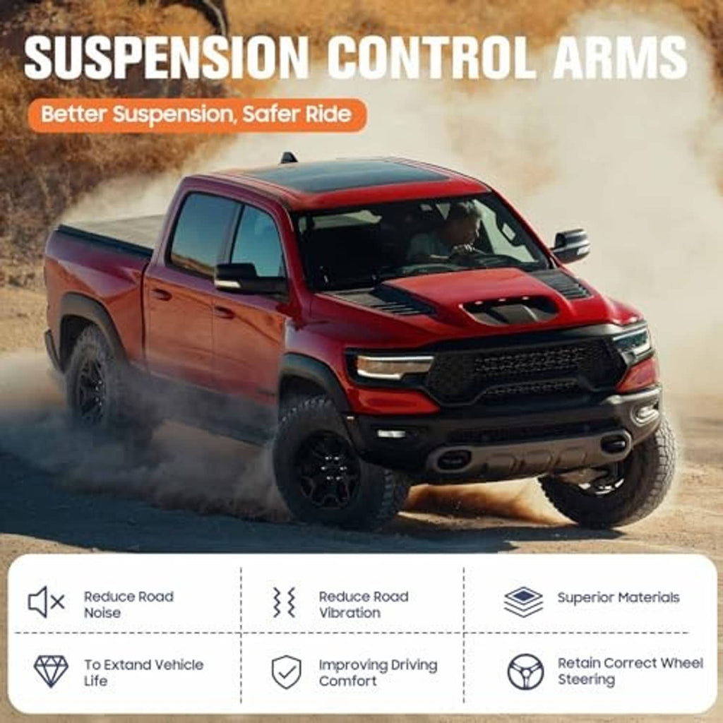 Front suspension control arms kit near the front of a red pickup truck