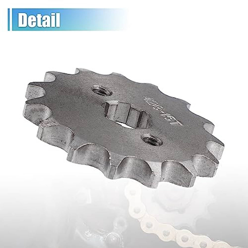 Motorcycle front sprocket close-up with tooth edge and mounting bolt holes