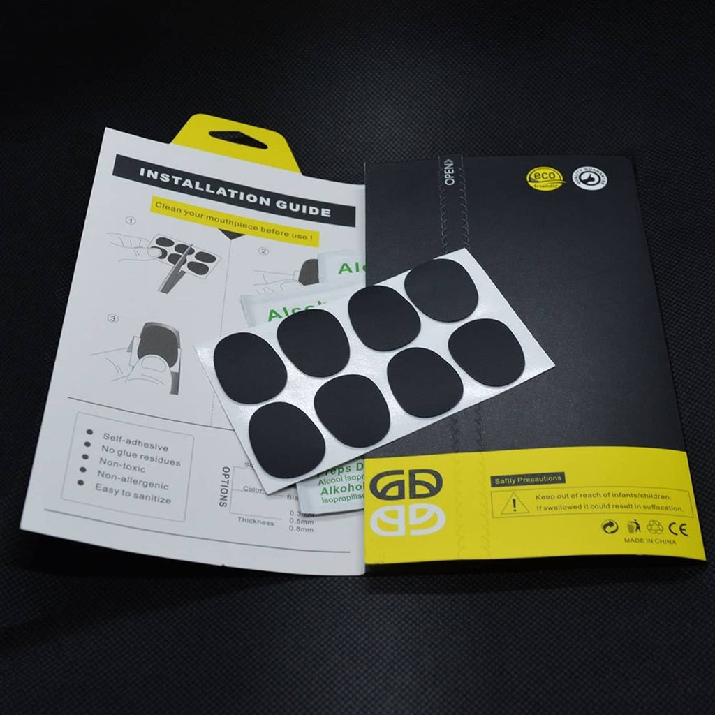 Mouthpiece cushion installation guide with black circular pads and alcohol prep cards