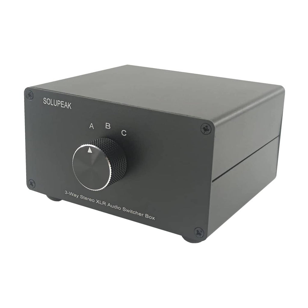 SOLUPEAK 3-way XLR stereo audio switch box front view with A/B/C selector knob